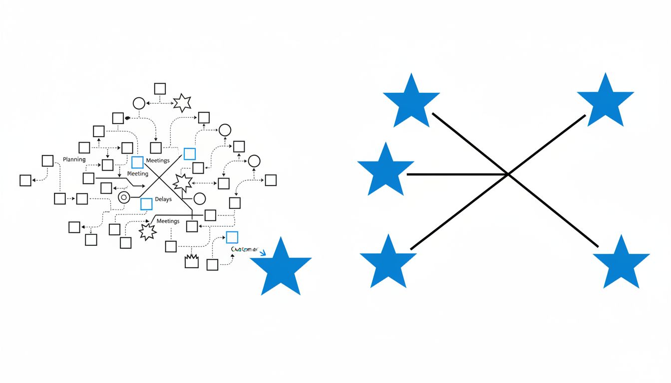 Two decision trees showing how constrained teams reach customers faster through fewer decision nodes