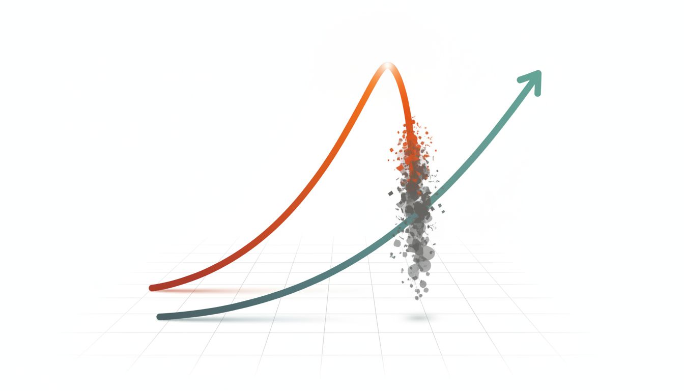 Two contrasting growth curves: one steep and collapsing, one steady and sustained