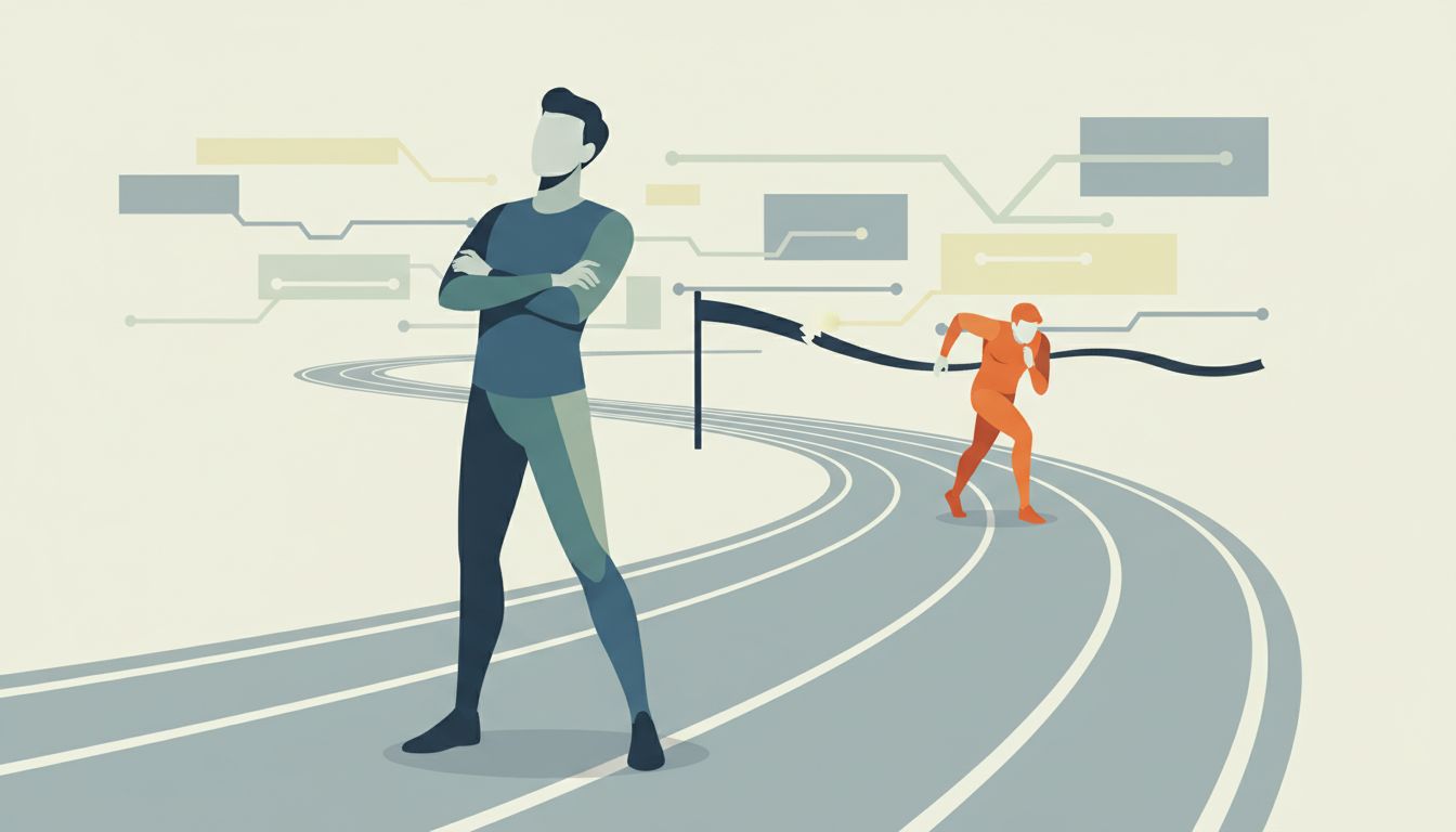 Illustration of a confident leader standing still while a focused challenger sprints toward the finish line