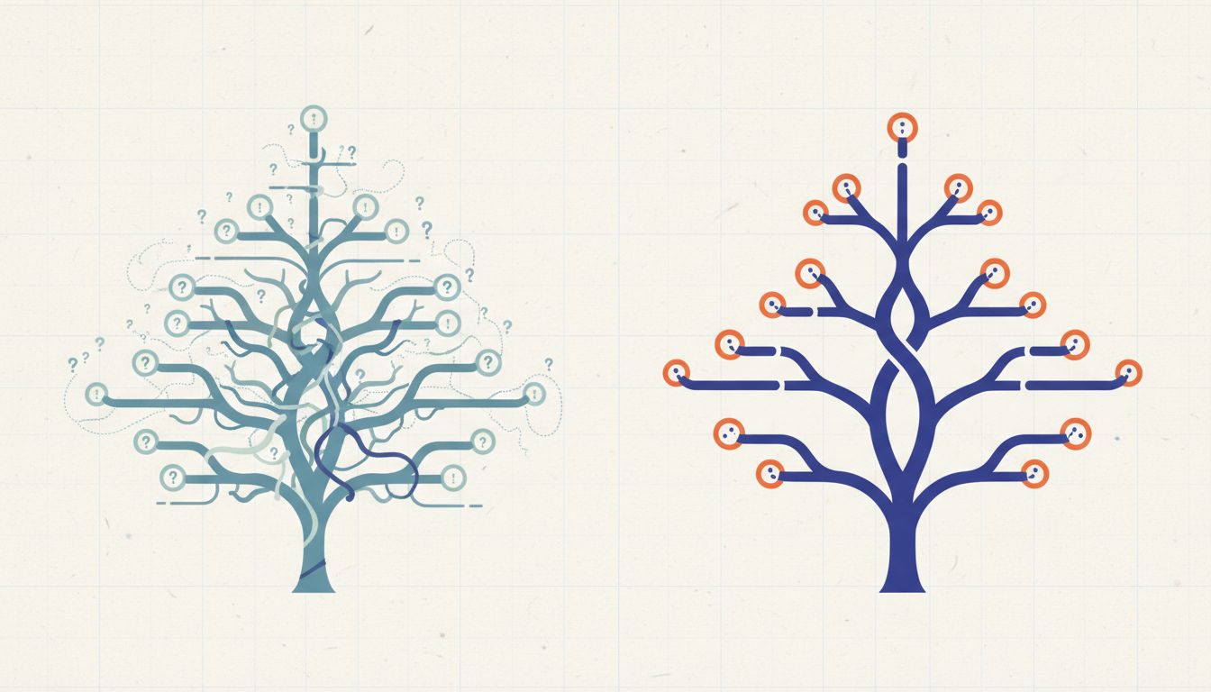 Two decision trees contrasting vague drift with purposeful pivoting toward a fixed goal