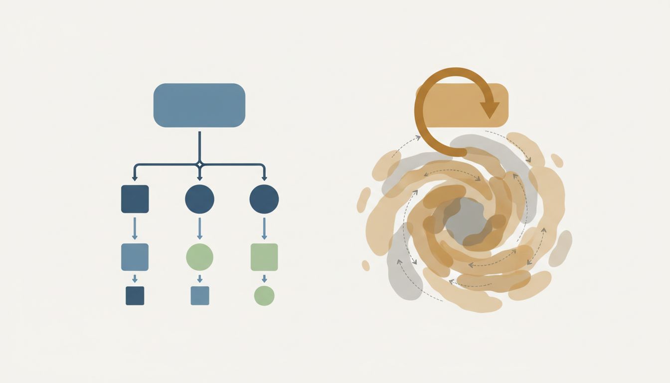 Diagram contrasting healthy task decomposition with avoidance rewrites that grow vaguer over time