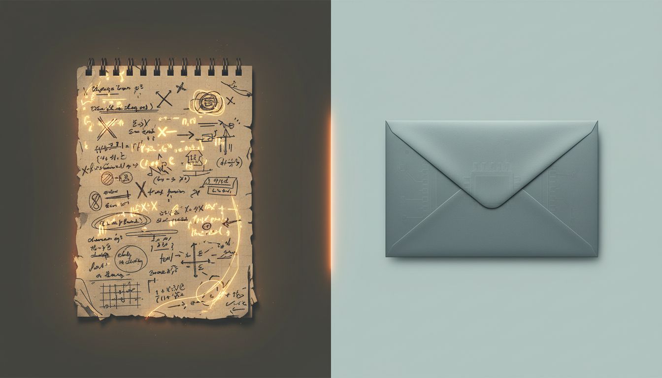 An annotated draft document glowing with activity next to a sealed, static finished document