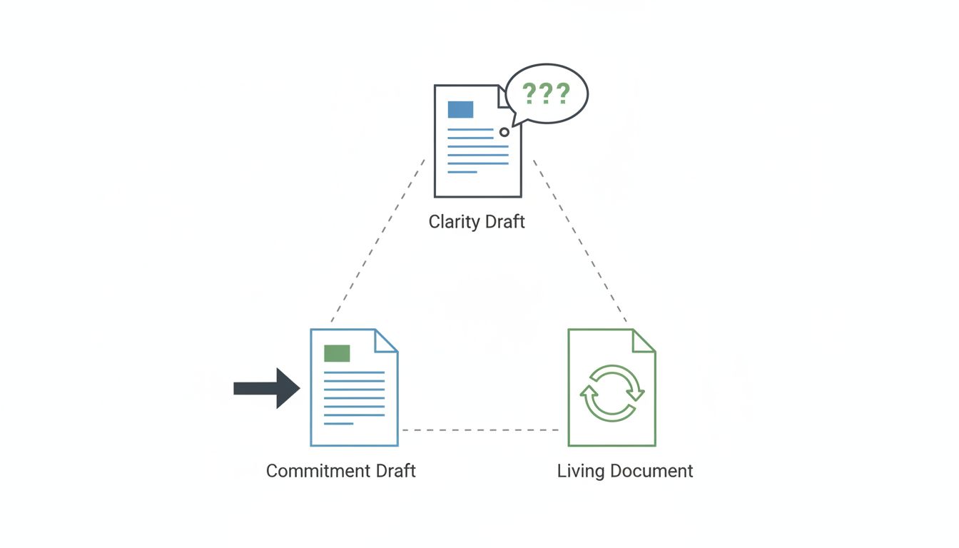 Diagram showing three types of unfinished documents: clarity drafts, commitment drafts, and living documents