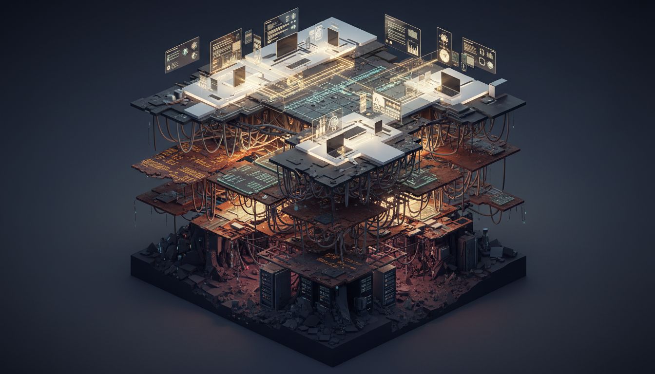 Cross-section illustration showing modern software sitting on layers of increasingly ancient, crumbling code beneath it