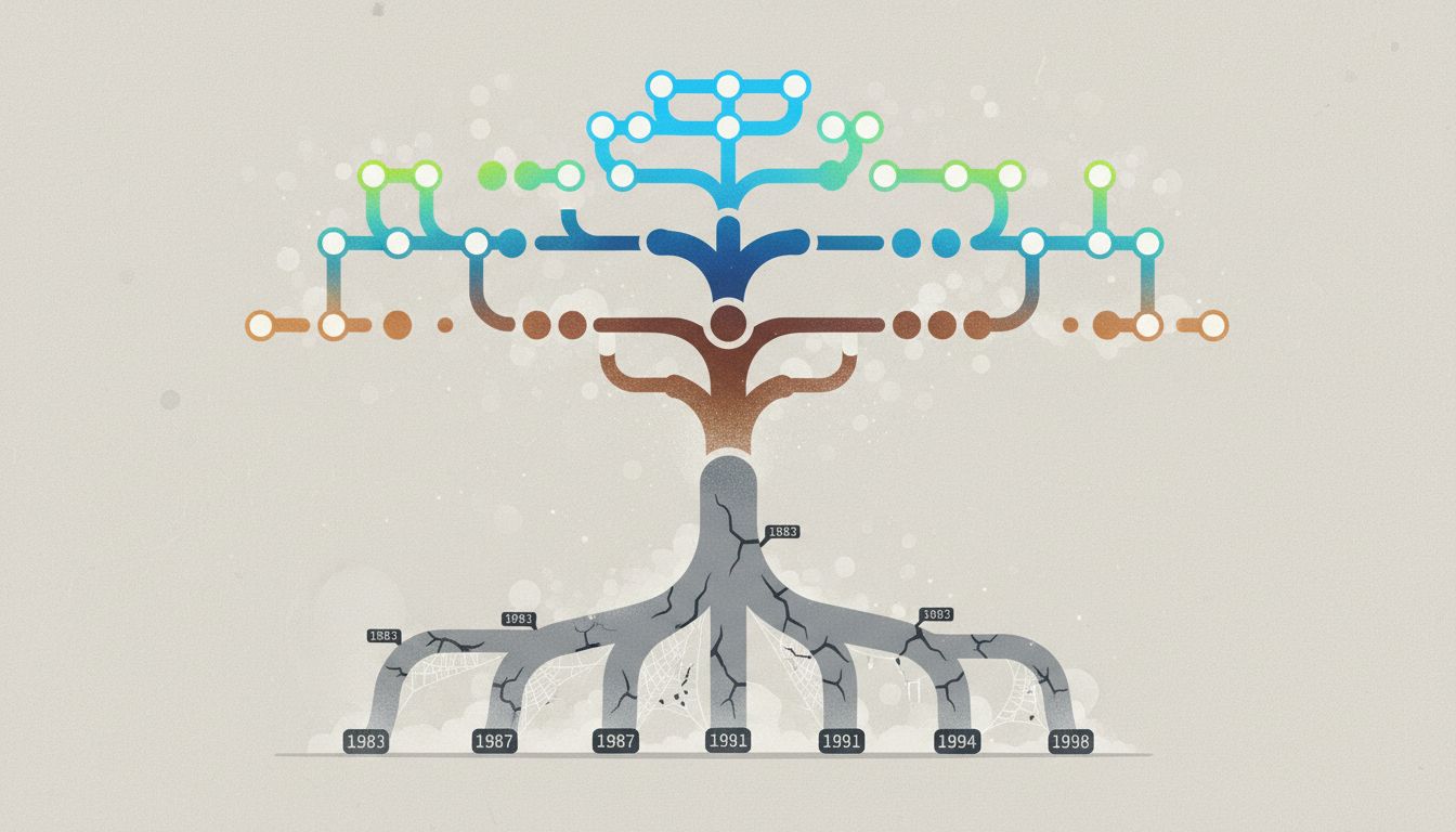 Diagram of a software dependency tree with modern nodes at top and ancient, unmaintained dependencies at the roots