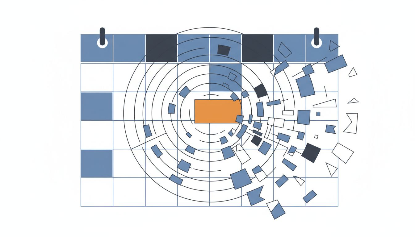 Abstract illustration of a calendar with one meeting block causing ripple damage to surrounding time