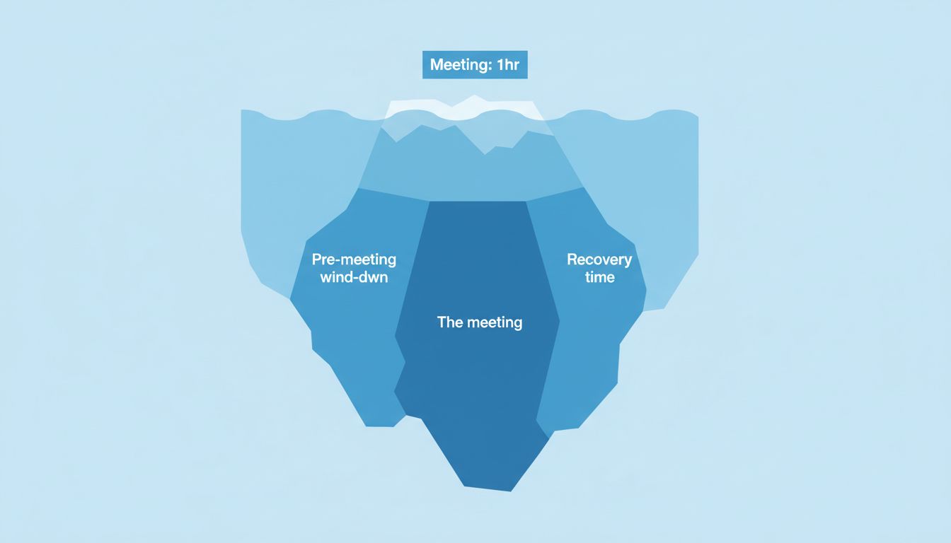 Iceberg diagram showing the visible one-hour meeting above the waterline and the hidden three-hour true cost below