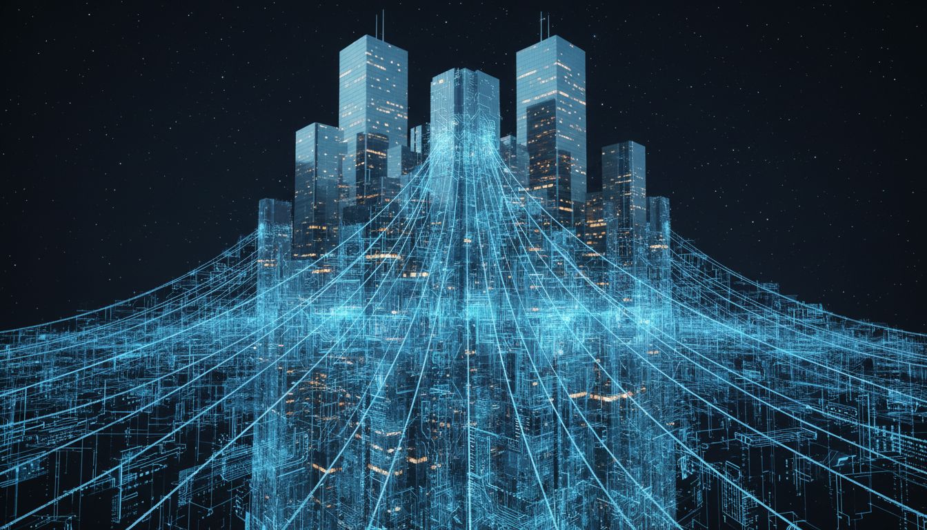 An illustration showing a fragile code-built foundation supporting towering corporate skyscrapers