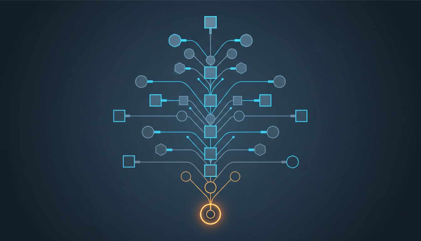 A branching dependency tree where thousands of nodes trace back to a single highlighted root node