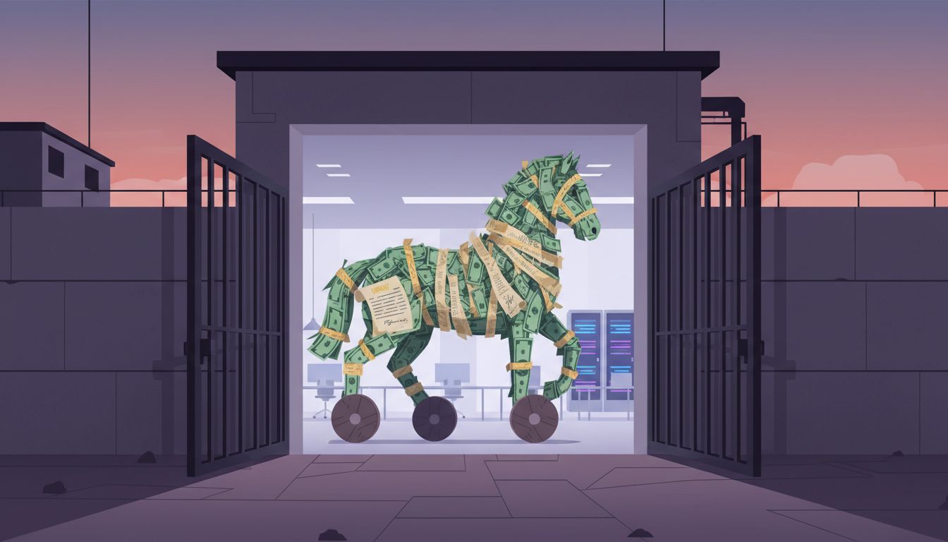 A golden Trojan horse representing a high-value but dangerous customer being welcomed into a startup