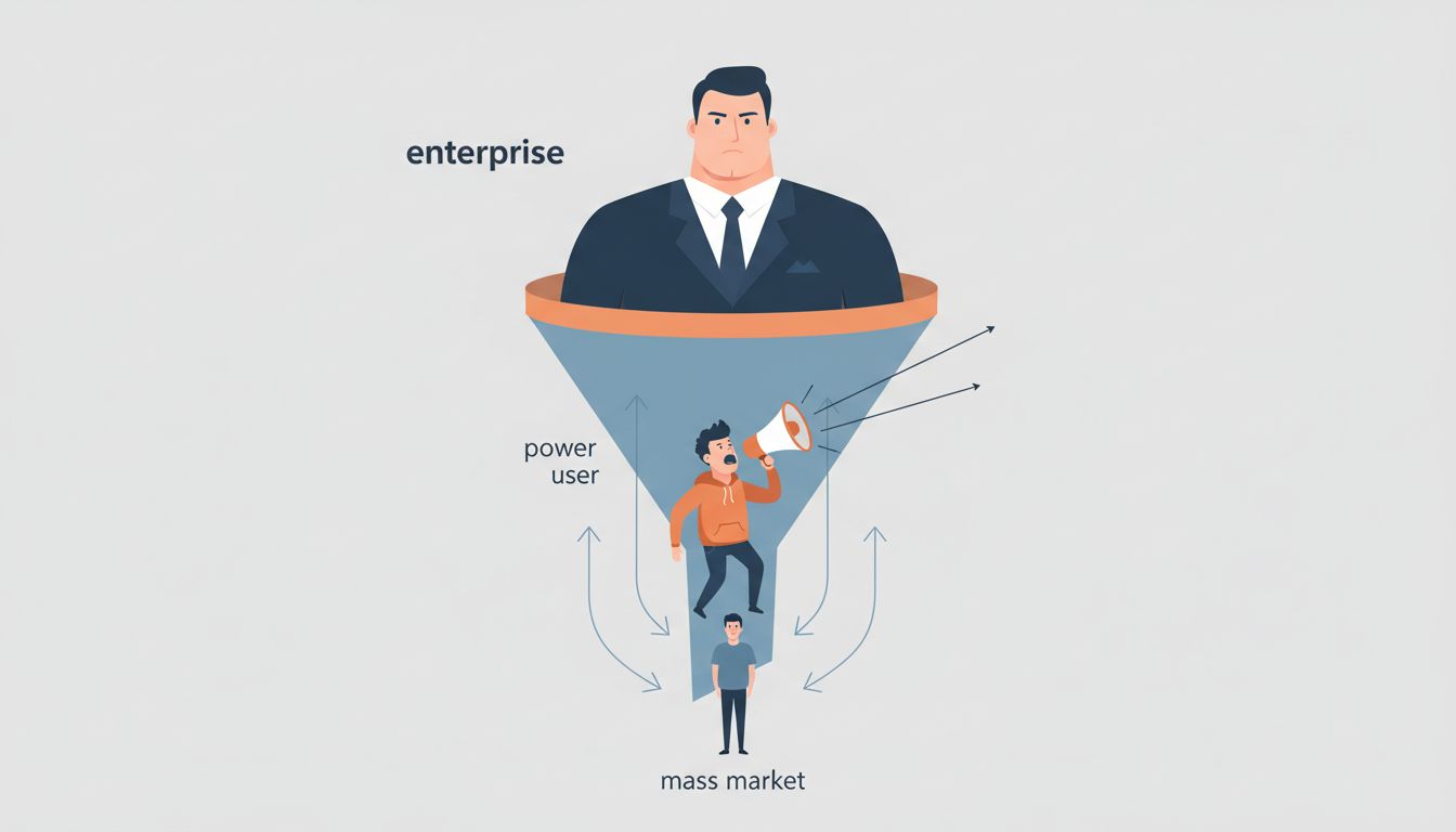 Diagram showing how enterprise customers and power users absorb attention away from the mass market that actually drives growth