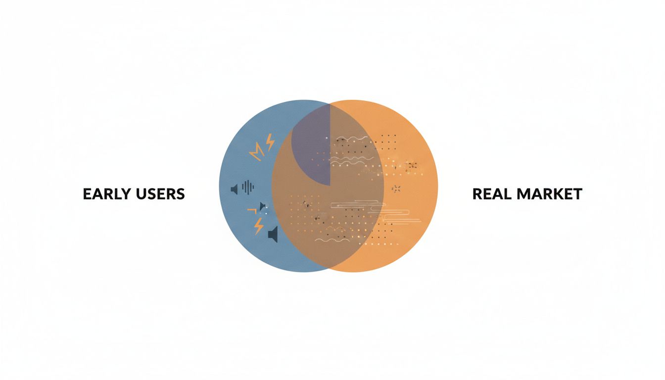 Diagram illustrating the gap between early adopters and a startup's real target market