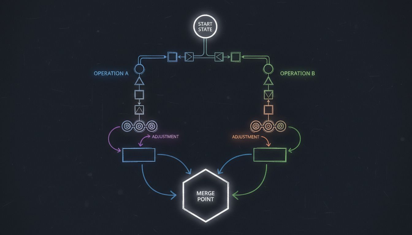 Diagram showing two divergent edit paths being reconciled at a merge point through operational transformation