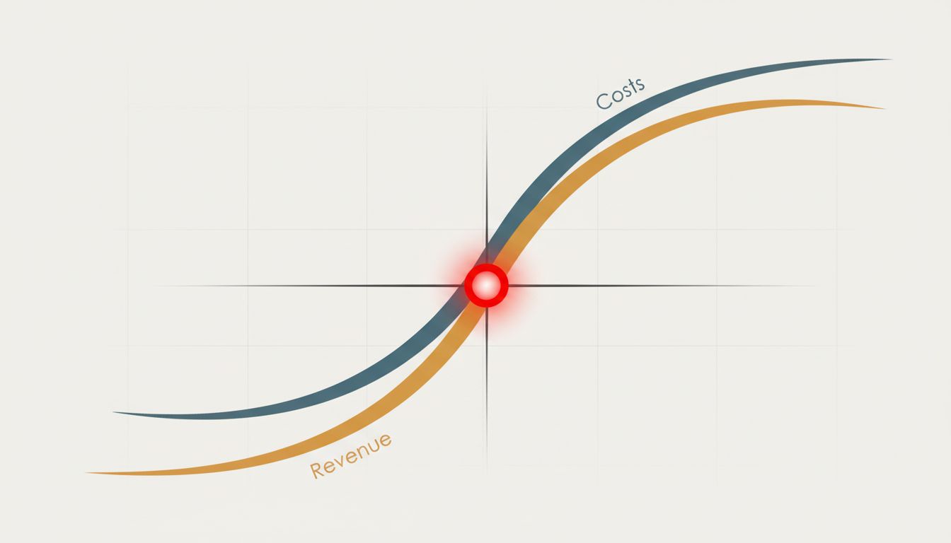 A graph showing costs overtaking revenue as customer volume grows, illustrating the unit economics trap of underpricing
