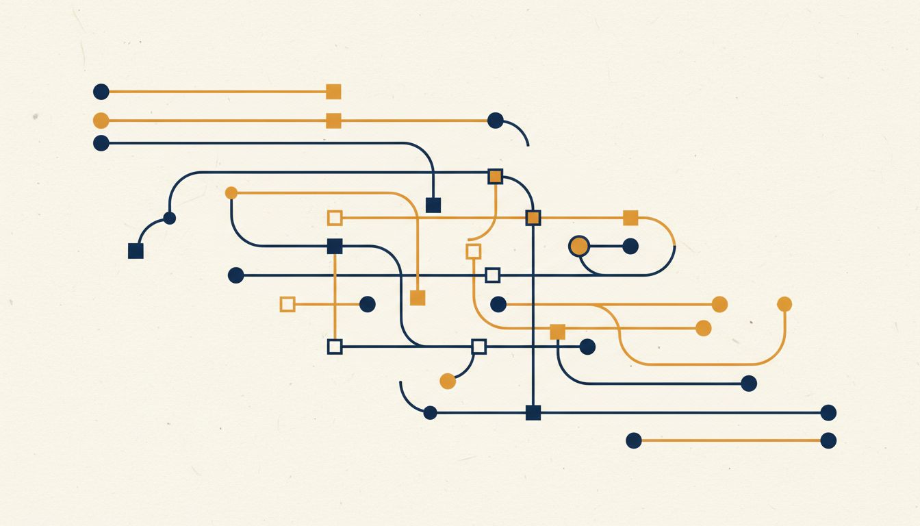 Abstract illustration of a Git commit graph showing branching and merging paths