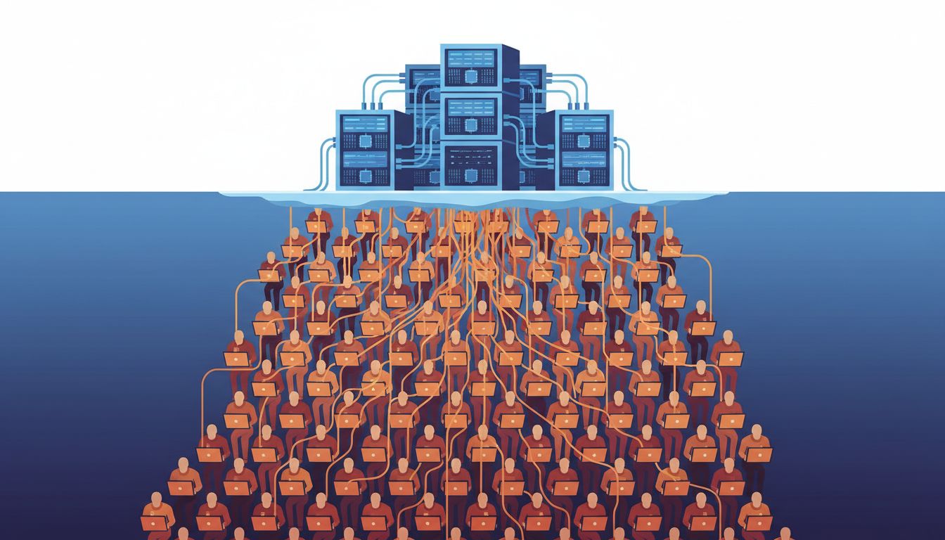 Iceberg illustration showing AI compute costs above the waterline and human annotation labor hidden below