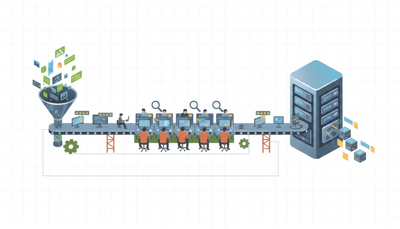Diagram of an AI annotation pipeline showing human workers as small components between data input and model training infrastructure