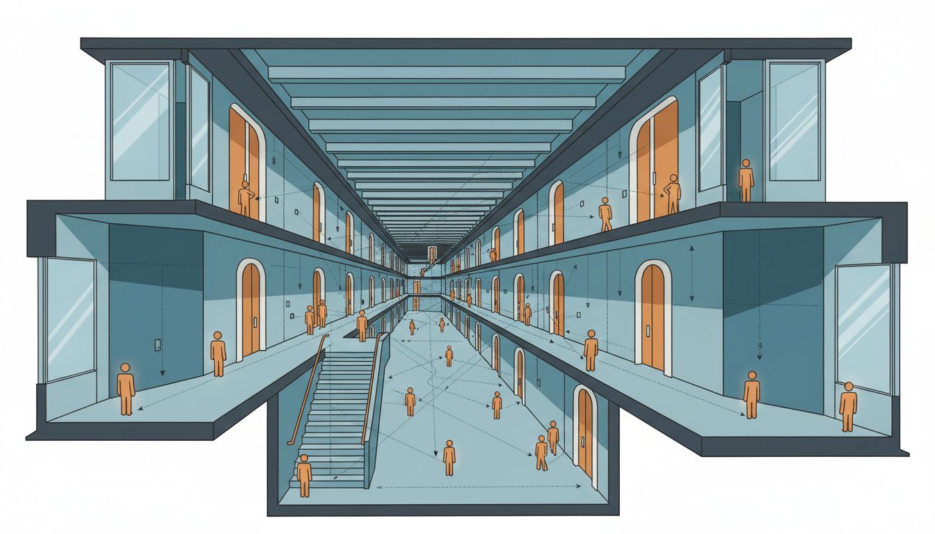 Cross-section illustration of intersecting corridors with human figures at junctions, suggesting spontaneous intellectual collision