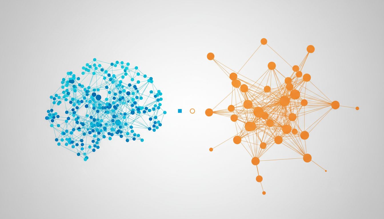 Diagram comparing focused prefrontal brain network versus diffuse default mode network connectivity patterns