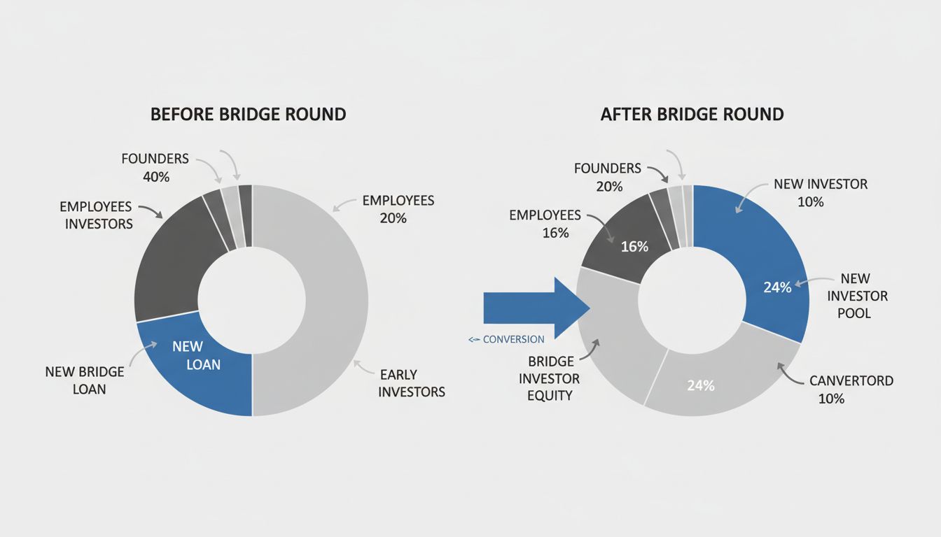Diagram showing cap table ownership percentages before and after bridge round conversion