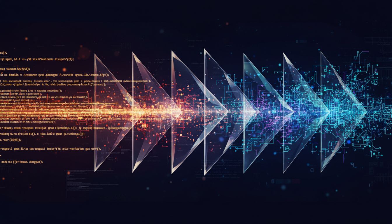 Abstract illustration of source code being transformed through multiple compiler stages into machine instructions