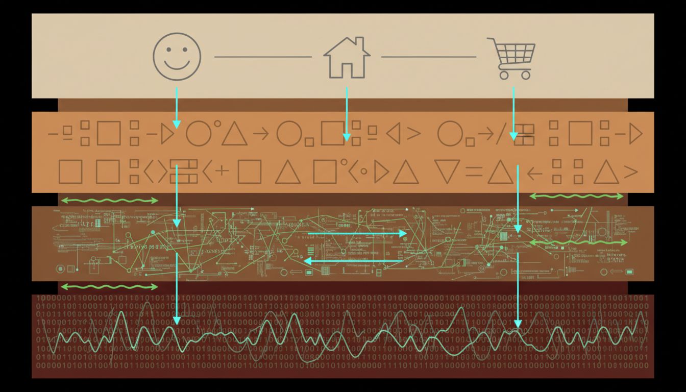 Cross-section diagram showing compiler abstraction layers from source code down to machine instructions