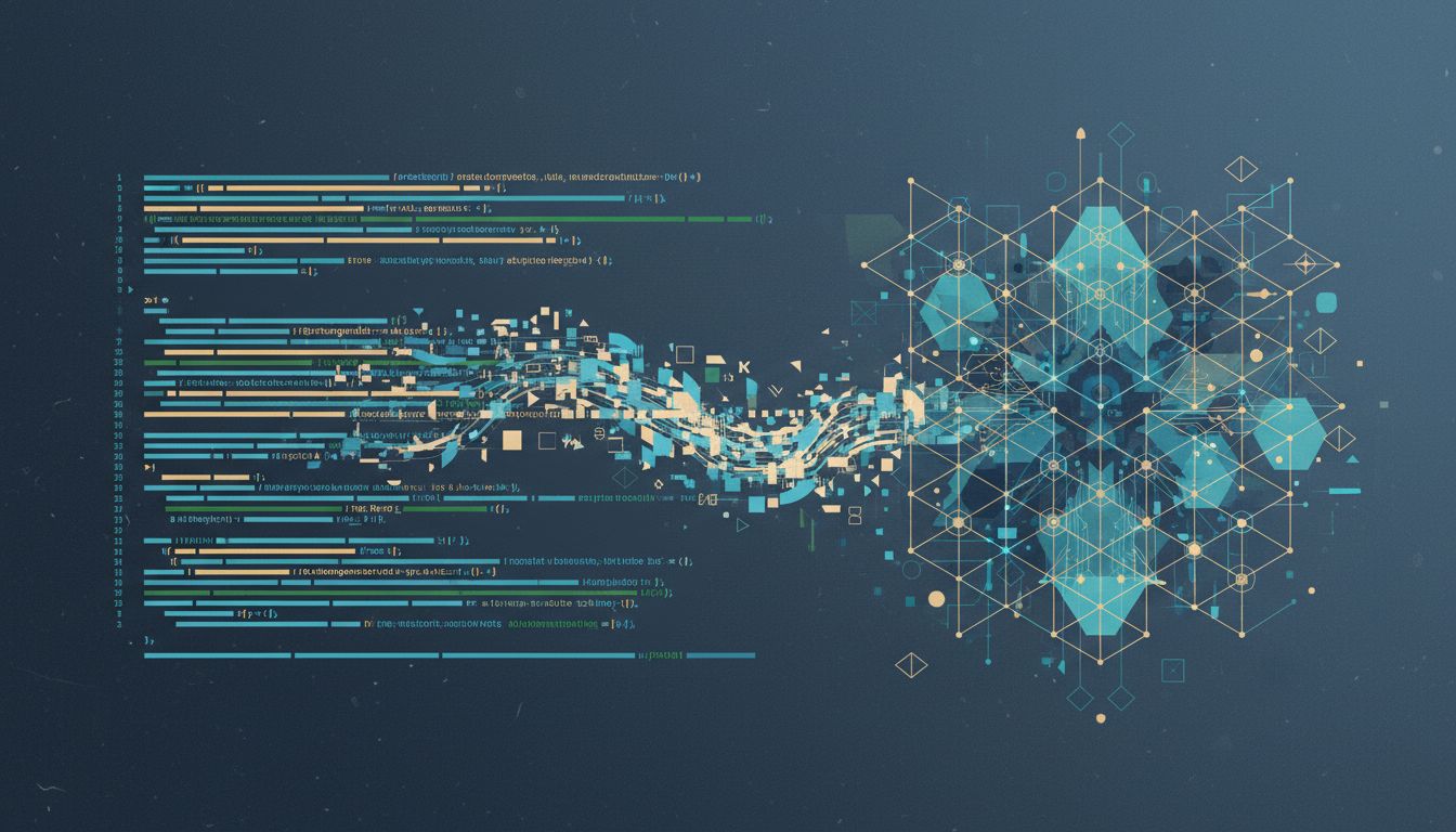 Abstract illustration showing source code transforming through intermediate stages into machine instructions
