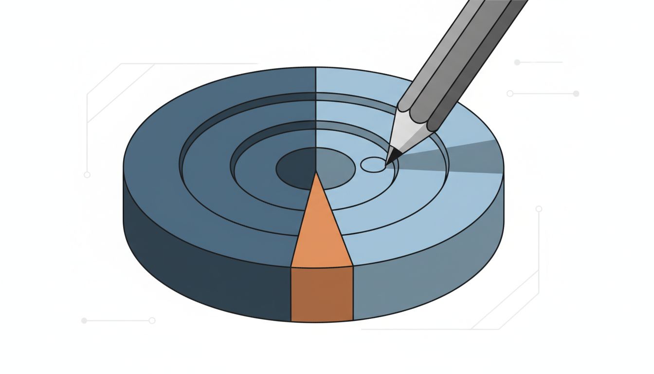 Illustration of a cap table pie chart shrinking inward as dilution compounds through a down round