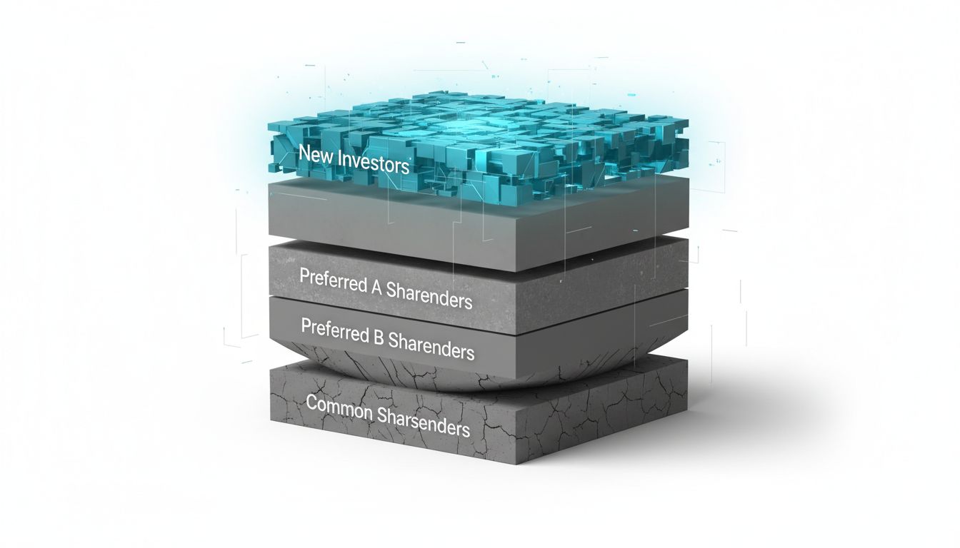 Diagram showing stacked liquidation preferences compressing common shareholder value at the bottom