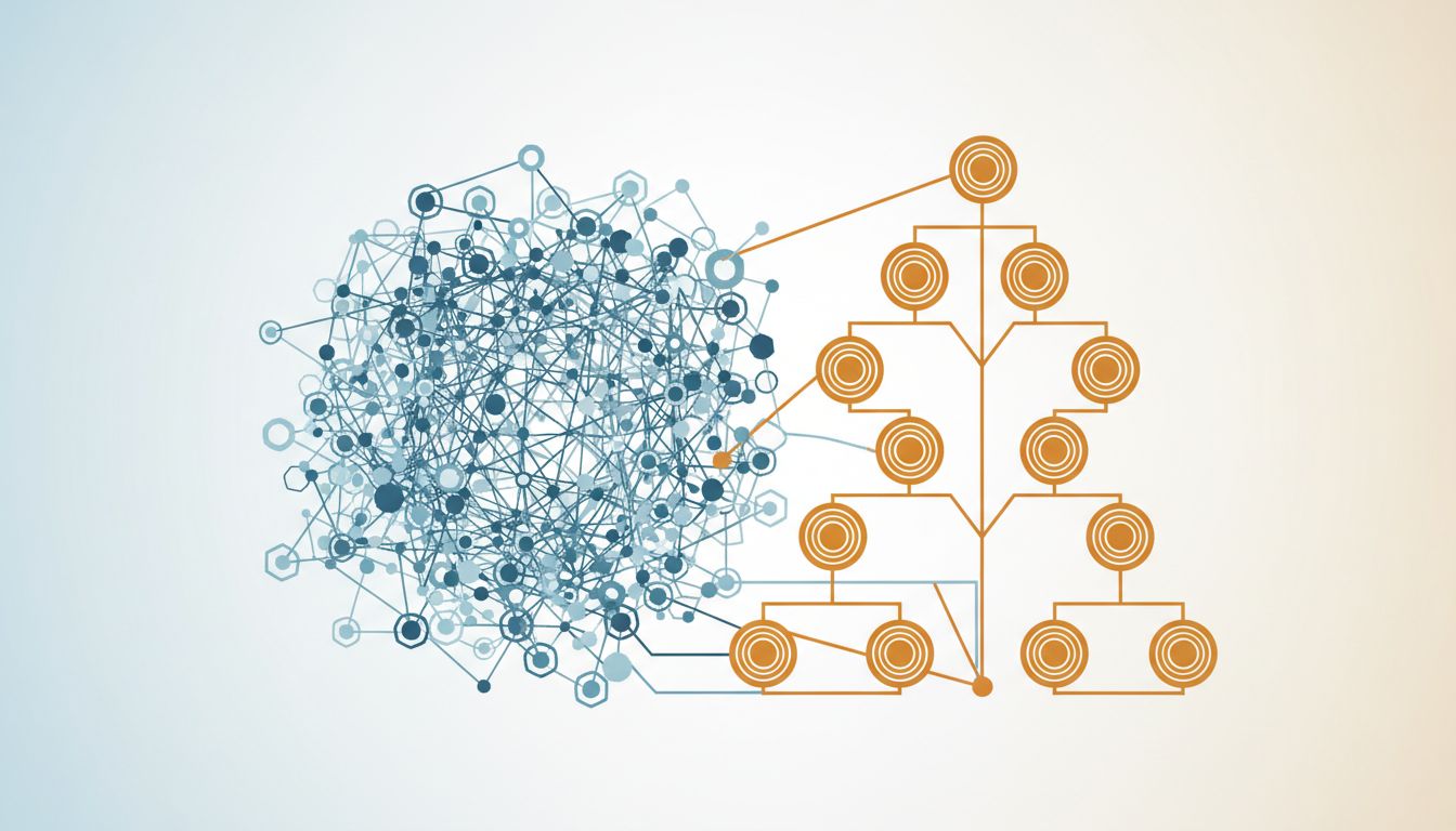 Abstract diagram showing a tangled network resolving into an organized hierarchical structure