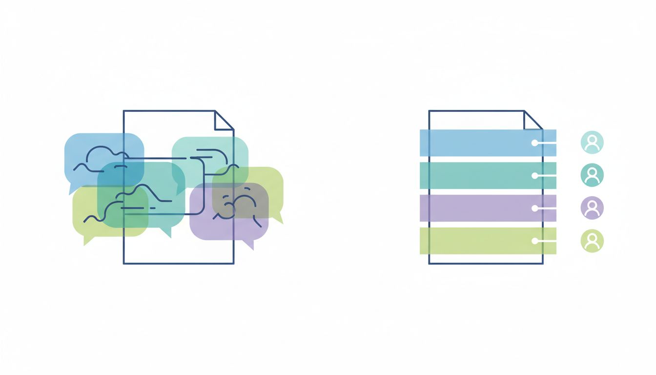 Diagram showing one document serving four different audiences, before and after task decomposition