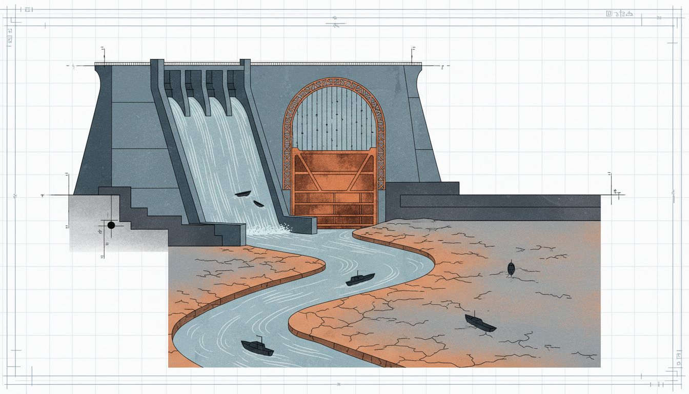 Illustration of a dam with a closed gate and dried riverbed, representing capital flow stopping in a venture fund
