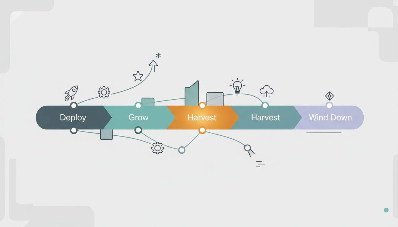 Diagram showing venture fund lifecycle phases with company trajectories mapped against the harvest and wind-down stages