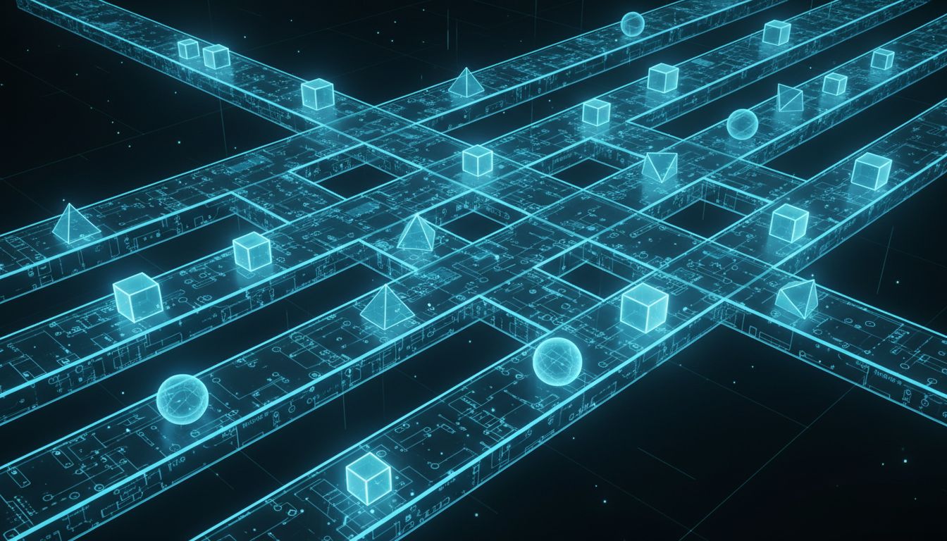 Abstract illustration of CPU instruction pipeline stages as overlapping conveyor belts