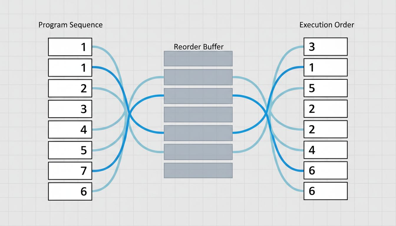 Diagram showing how out-of-order CPU execution resequences instructions relative to program order