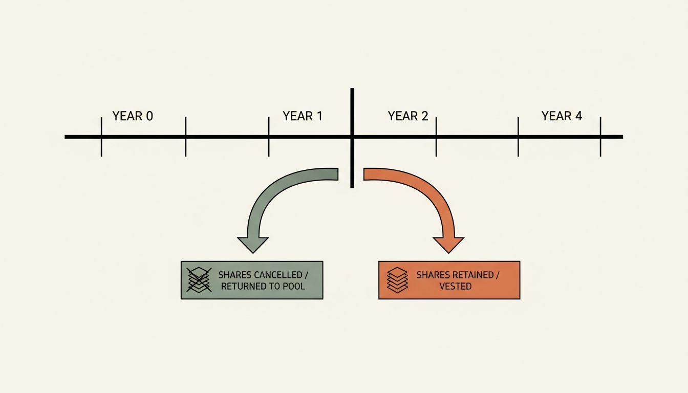 A vesting cliff timeline diagram showing two outcomes after co-founder departure: clean equity return versus retained vested shares