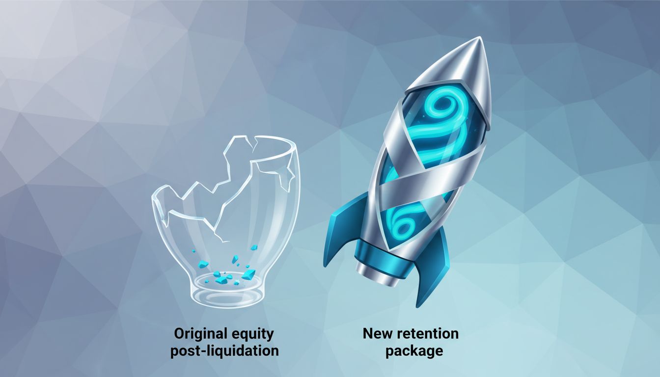 Abstract illustration contrasting depleted original equity value with a full forward-looking retention package