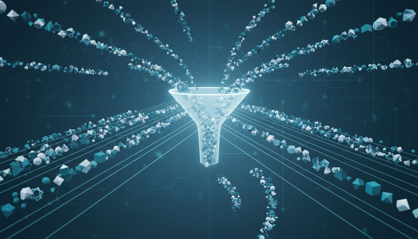 Abstract illustration of data packets arriving at a network node, with some queued in lanes and others being dropped