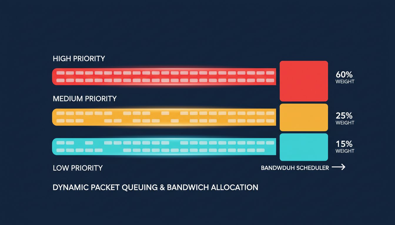 Diagram showing three priority queues with different packet densities and a scheduler allocating bandwidth proportionally