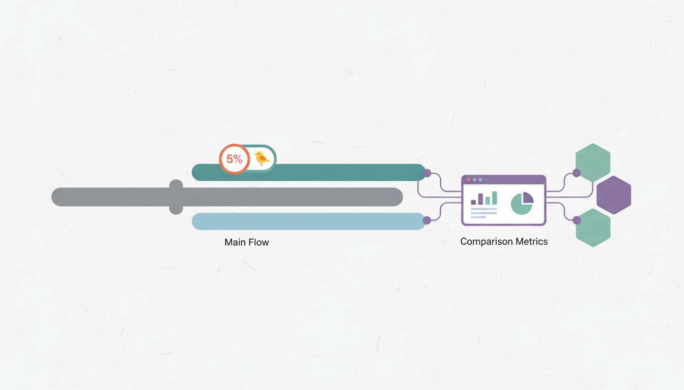 A canary deployment pipeline splitting live traffic between old and new model versions