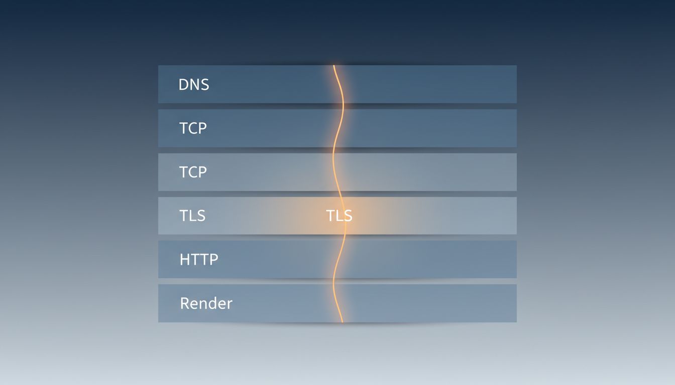 Abstract cross-section diagram showing the layered stages of a URL request from DNS to browser rendering