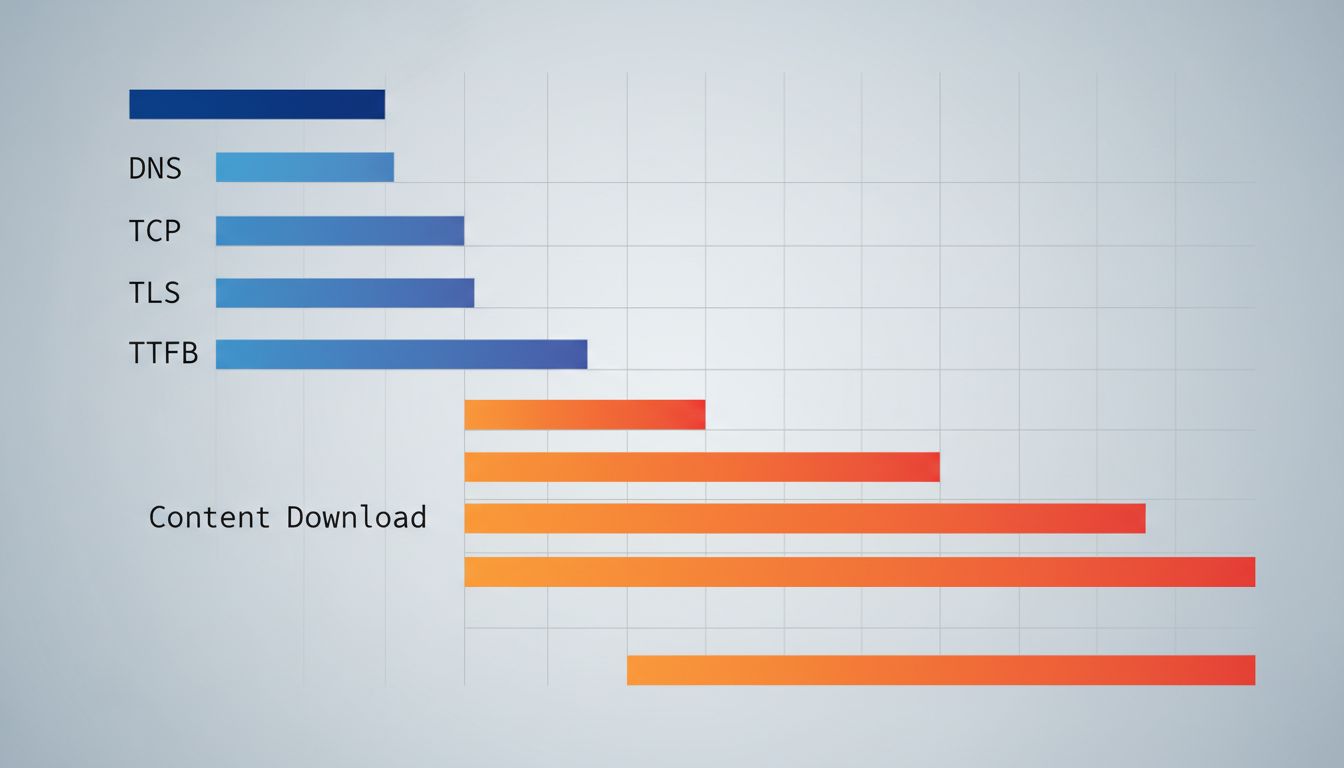 Stylized illustration of an HTTP request waterfall showing timing phases for a page load