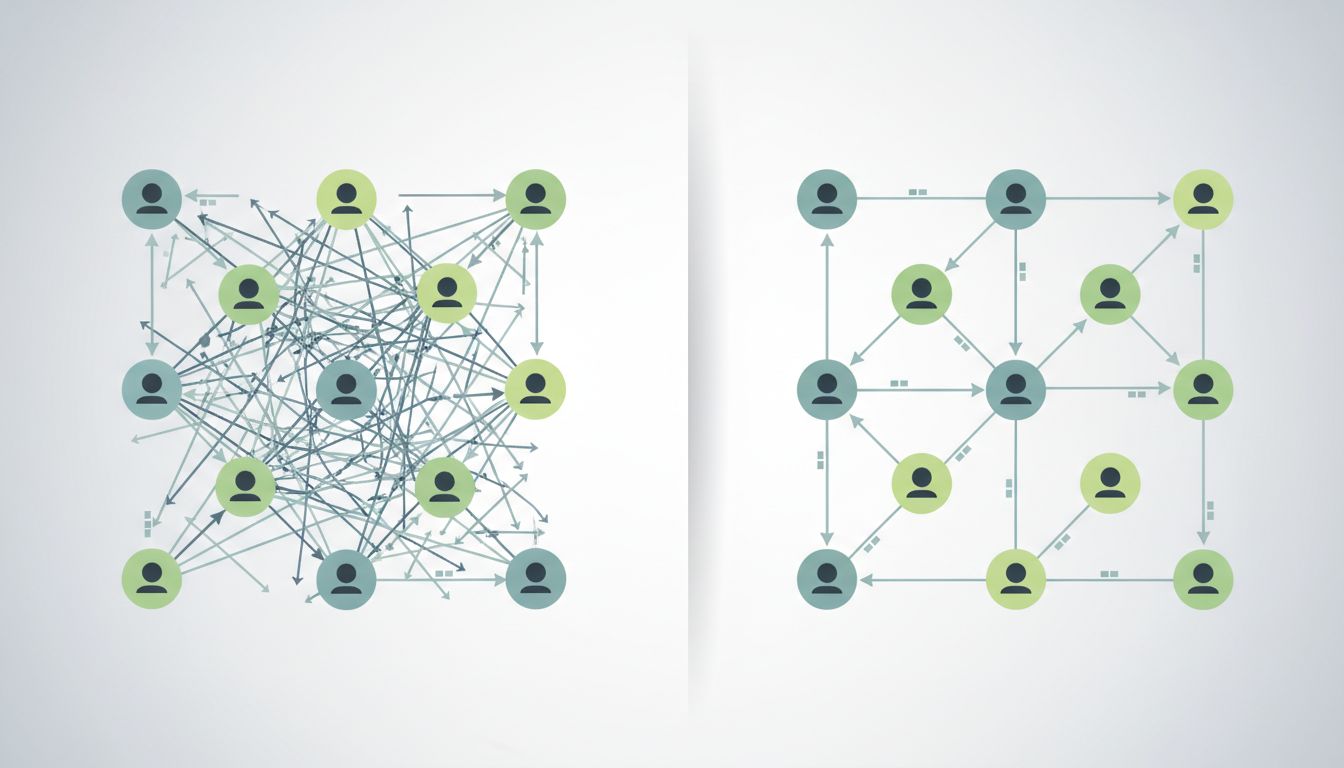 Diagram contrasting synchronous communication chaos with structured asynchronous message flows