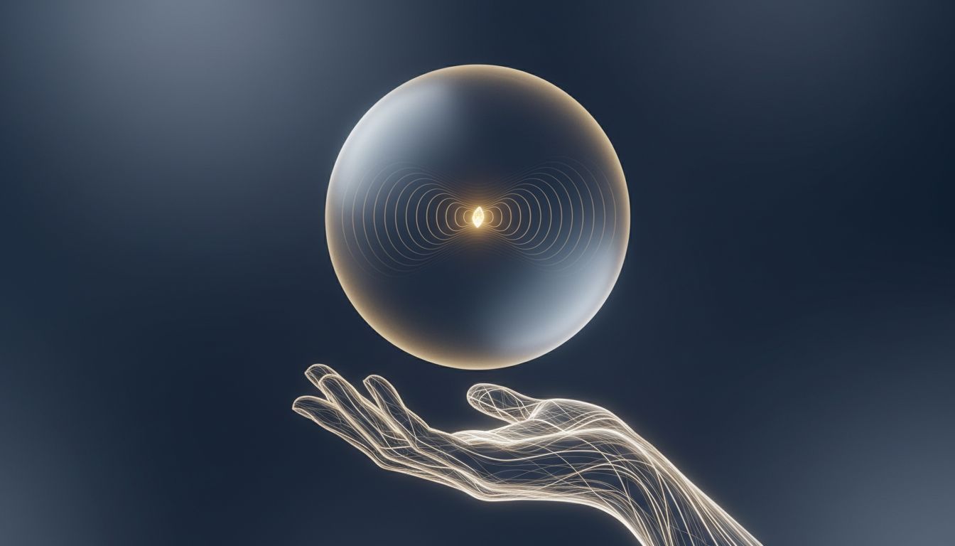 Abstract illustration of a glowing seed inside a translucent sphere held by an open hand, representing potential and early-stage investment