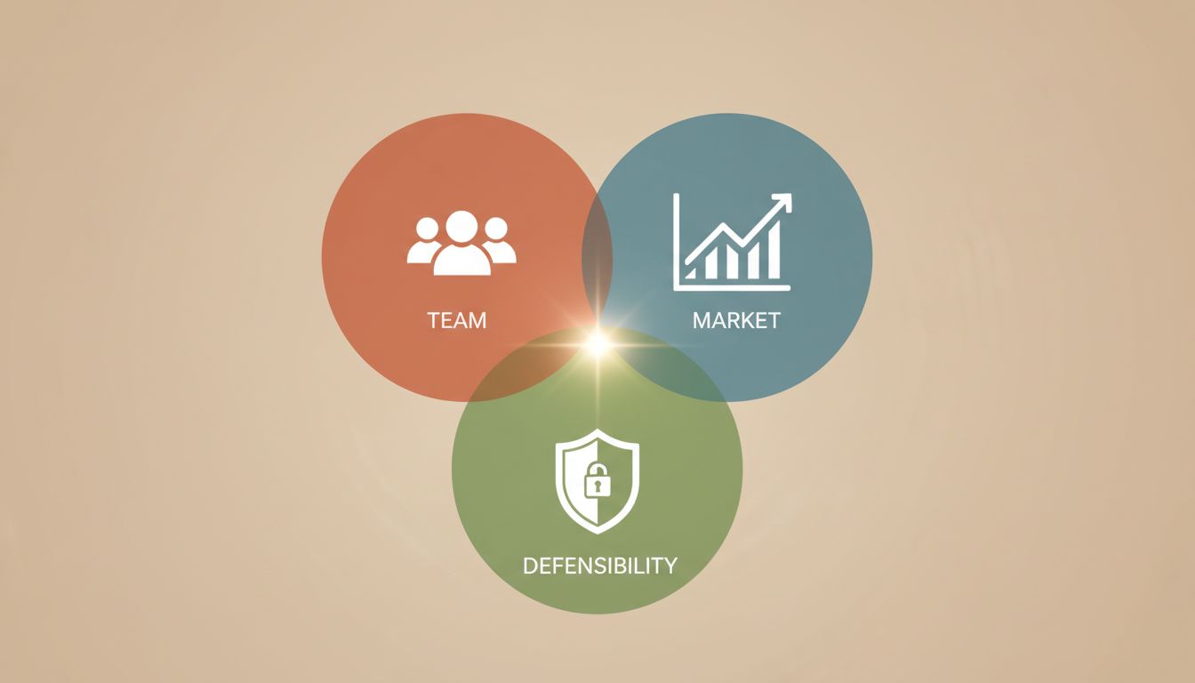 Venn diagram illustration showing the three overlapping factors early investors evaluate: team, market, and defensibility
