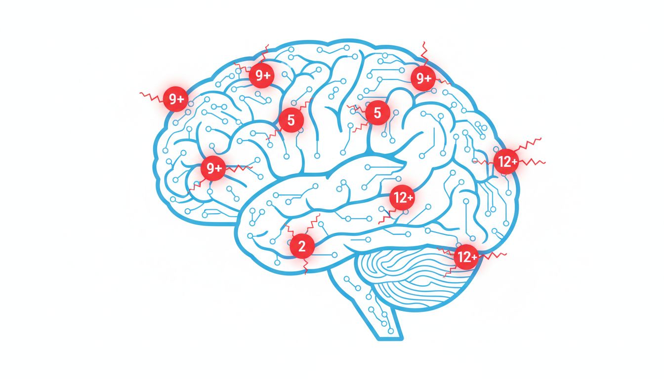 Illustration of a brain-as-circuit-board with notification badges attached, disrupting normal pathways