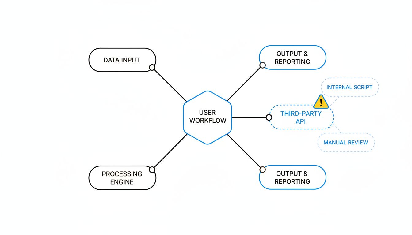 Diagram showing a workflow's tool dependencies with one uncertain node and alternative options nearby