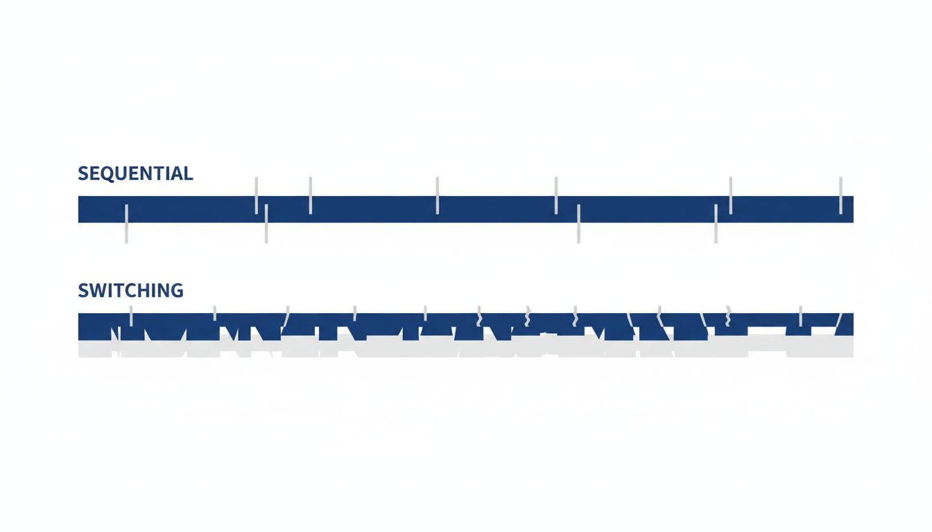 Diagram comparing sequential task completion versus frequent task switching, showing the productivity cost of switching