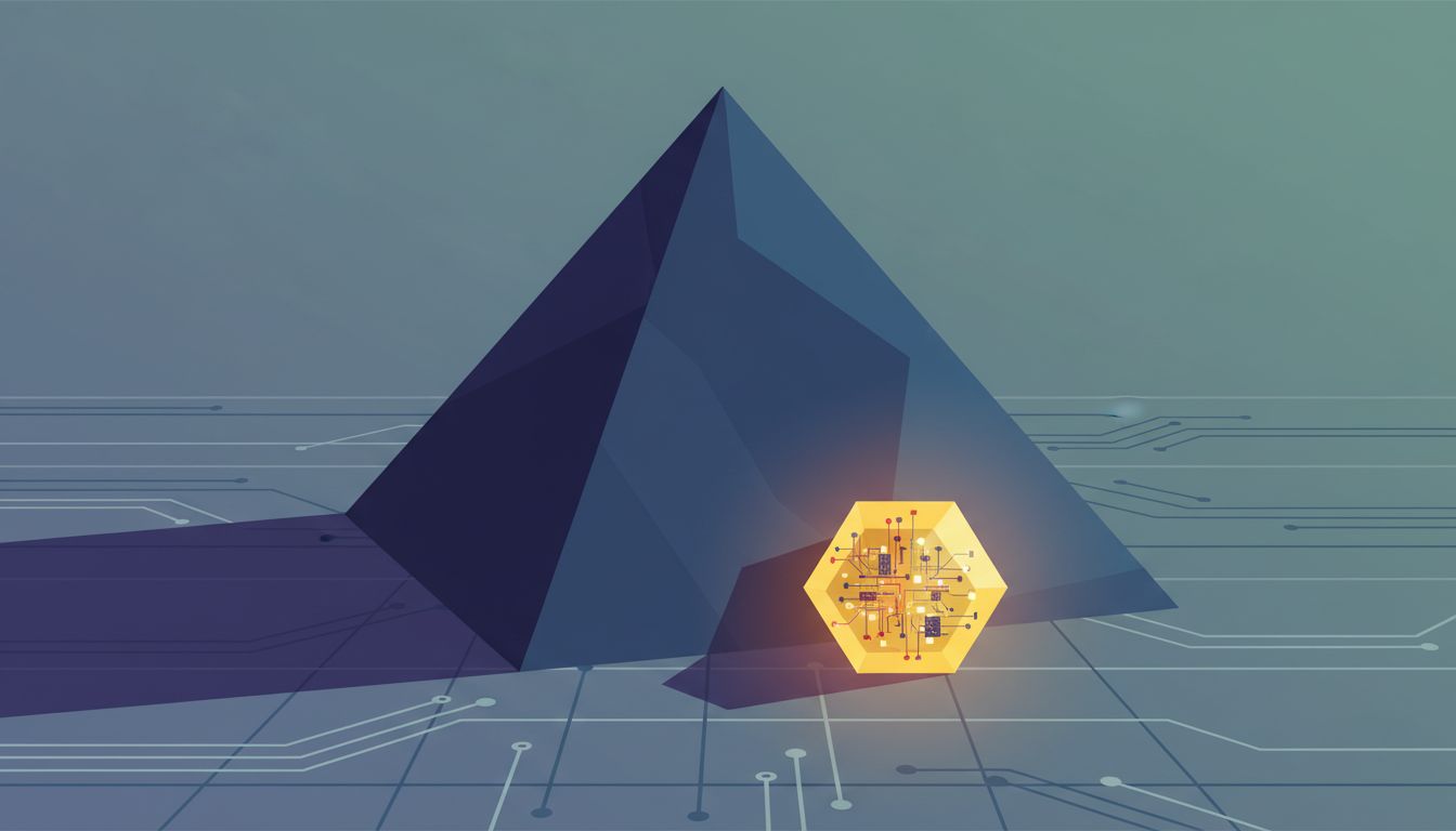 A large shape casting a shadow over a smaller but more detailed and brightly lit shape, illustrating a big competitor overshadowing a startup