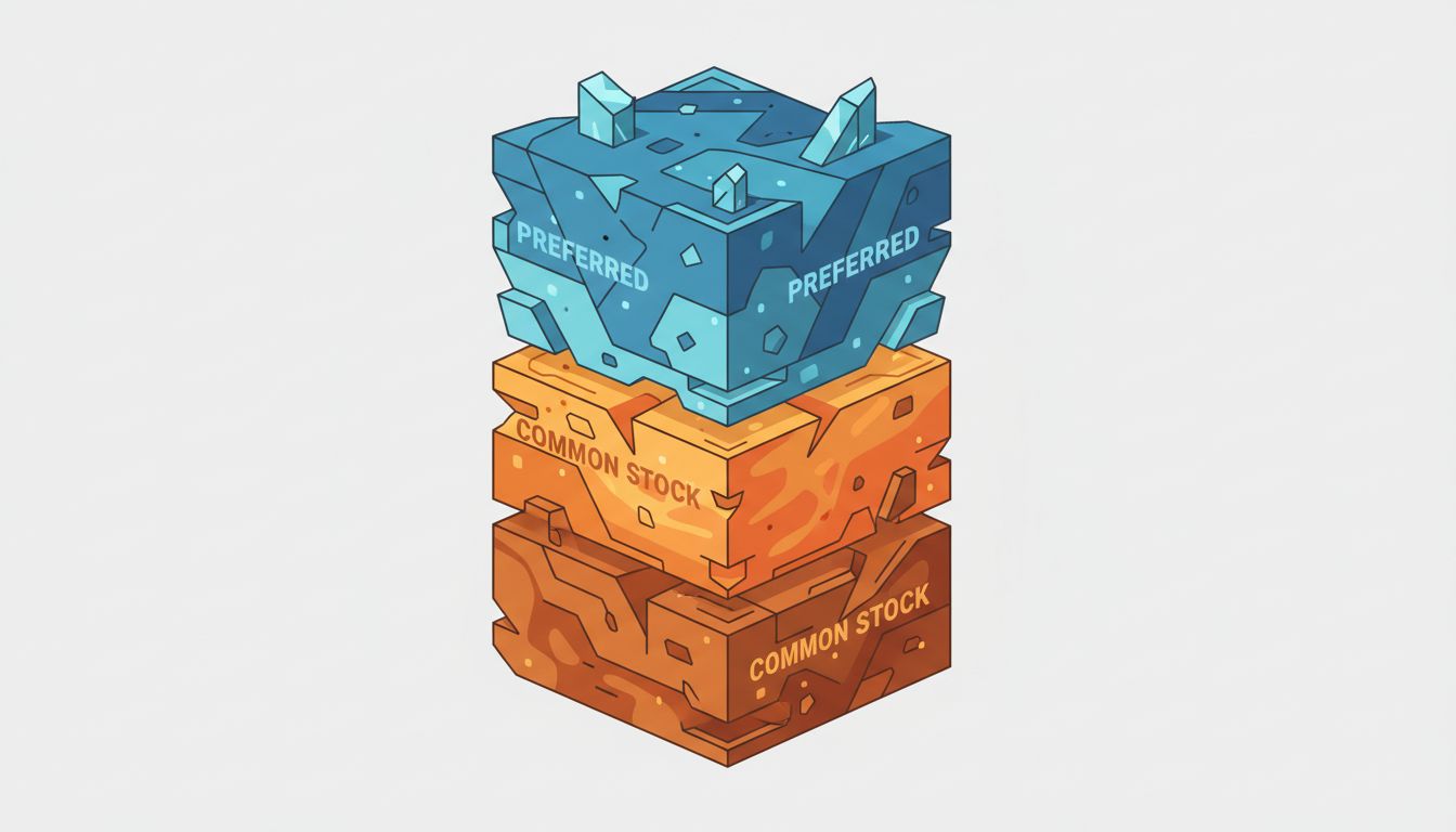 Stylized diagram of a venture capital equity stack showing preferred shares above common stock